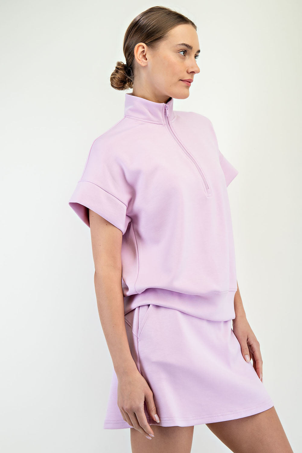 Chic Pink Modal Scuba Quarter Zip Short Sleeve Romper  Rae Mode 30a main image 1