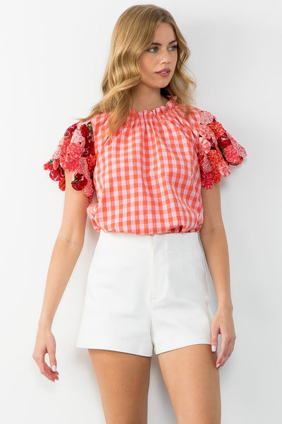 Textured Sleeve Gingham Top