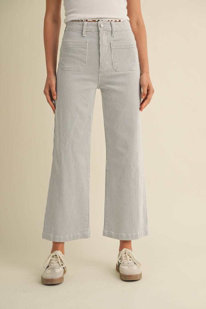 BP433J - STRIPE - Patch Pocket Wide Leg