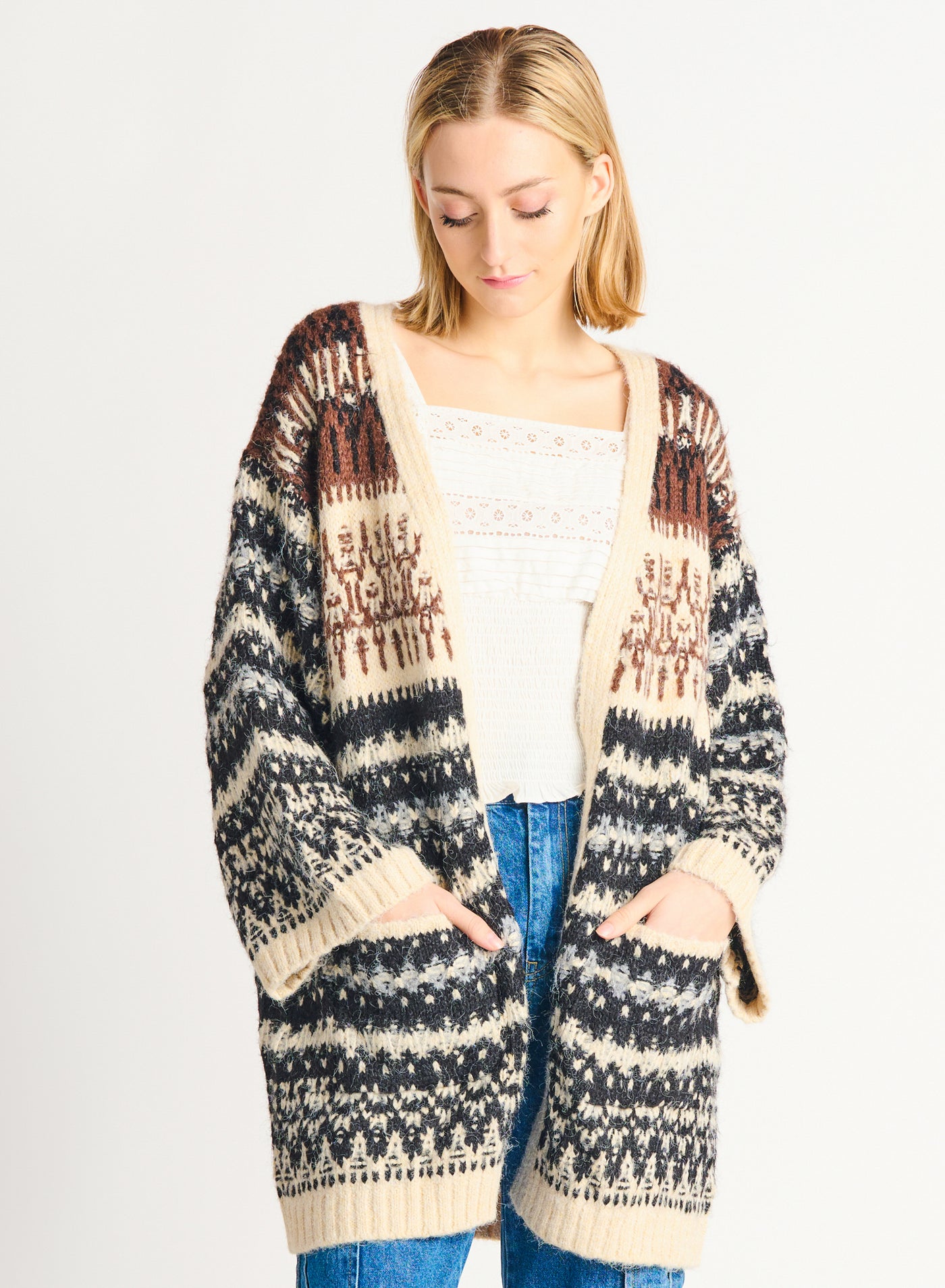 STRIPED PATCHWORK OPEN CARDIGAN