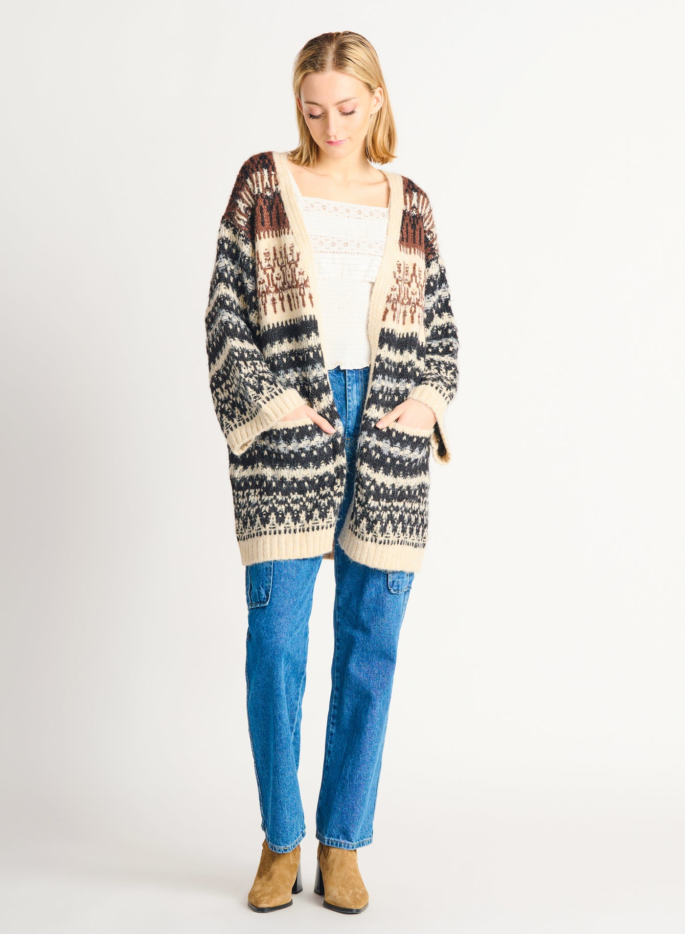 STRIPED PATCHWORK OPEN CARDIGAN