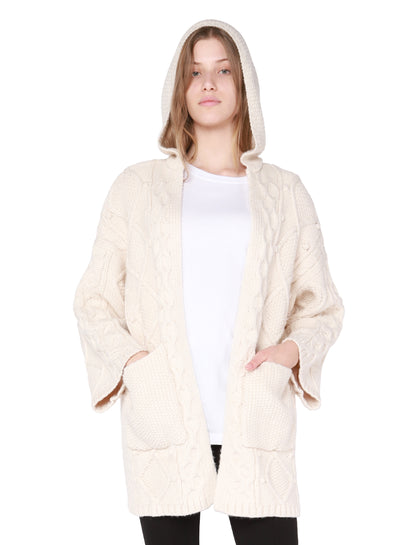 HOODED CABLE OPEN CARDIGAN