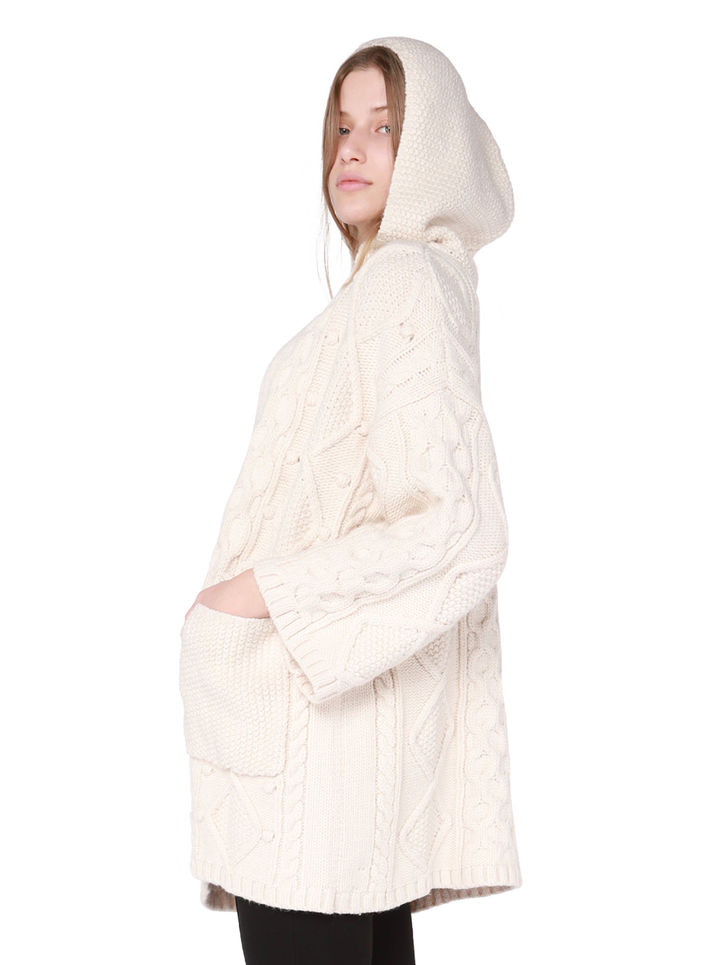 HOODED CABLE OPEN CARDIGAN
