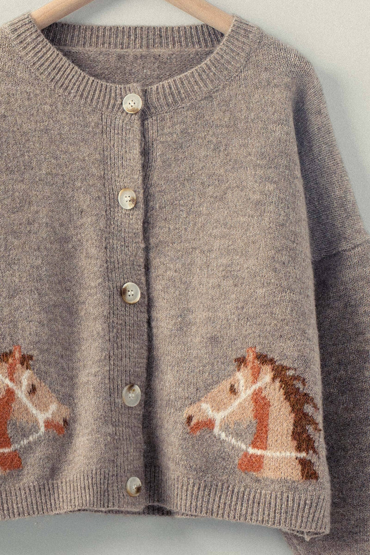 Western Horse Graphic Button Front Cropped Cardigan Sweater
