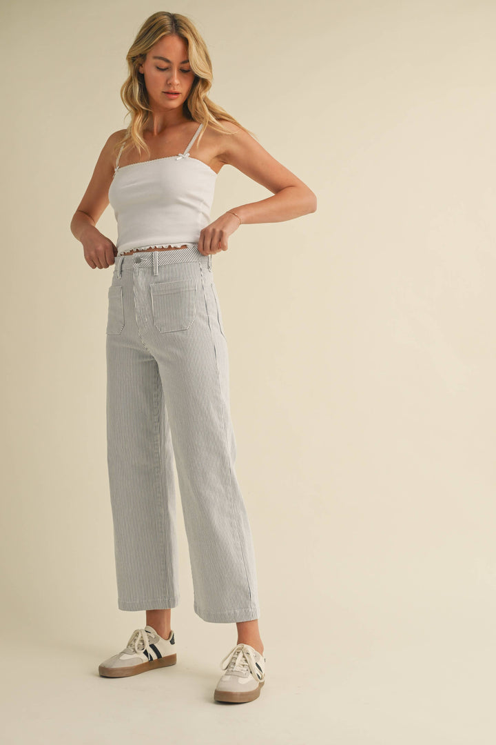 BP433J - STRIPE - Patch Pocket Wide Leg