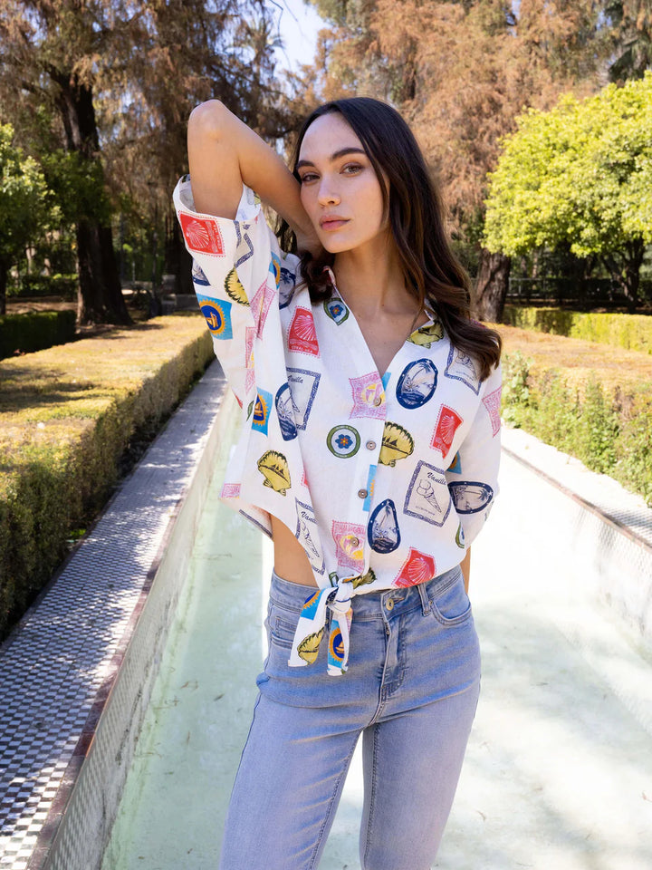 Printed Front Tie Button-Front Blouse With Ruched-Up Sleeves