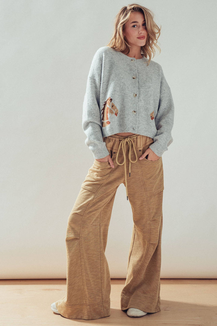 Western Horse Graphic Button Front Cropped Cardigan Sweater