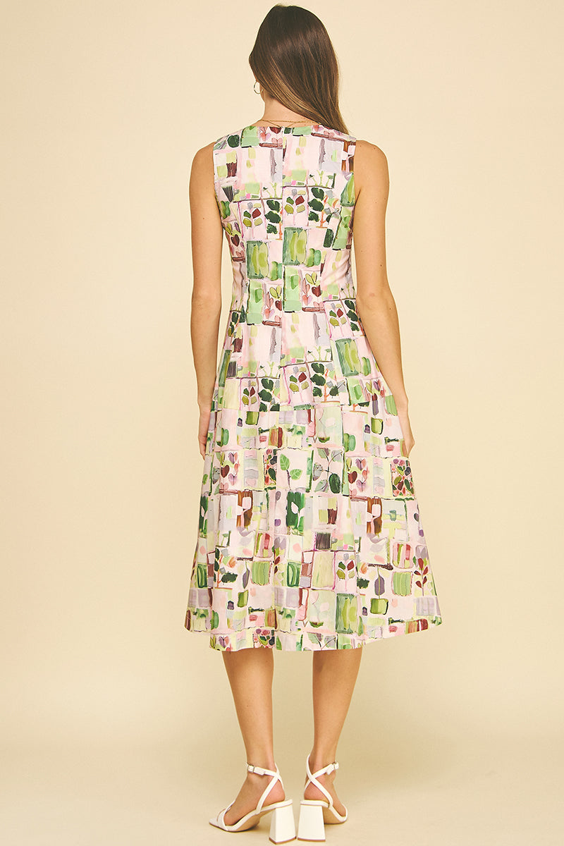 Watercolor Print Sleeveless Midi Dress