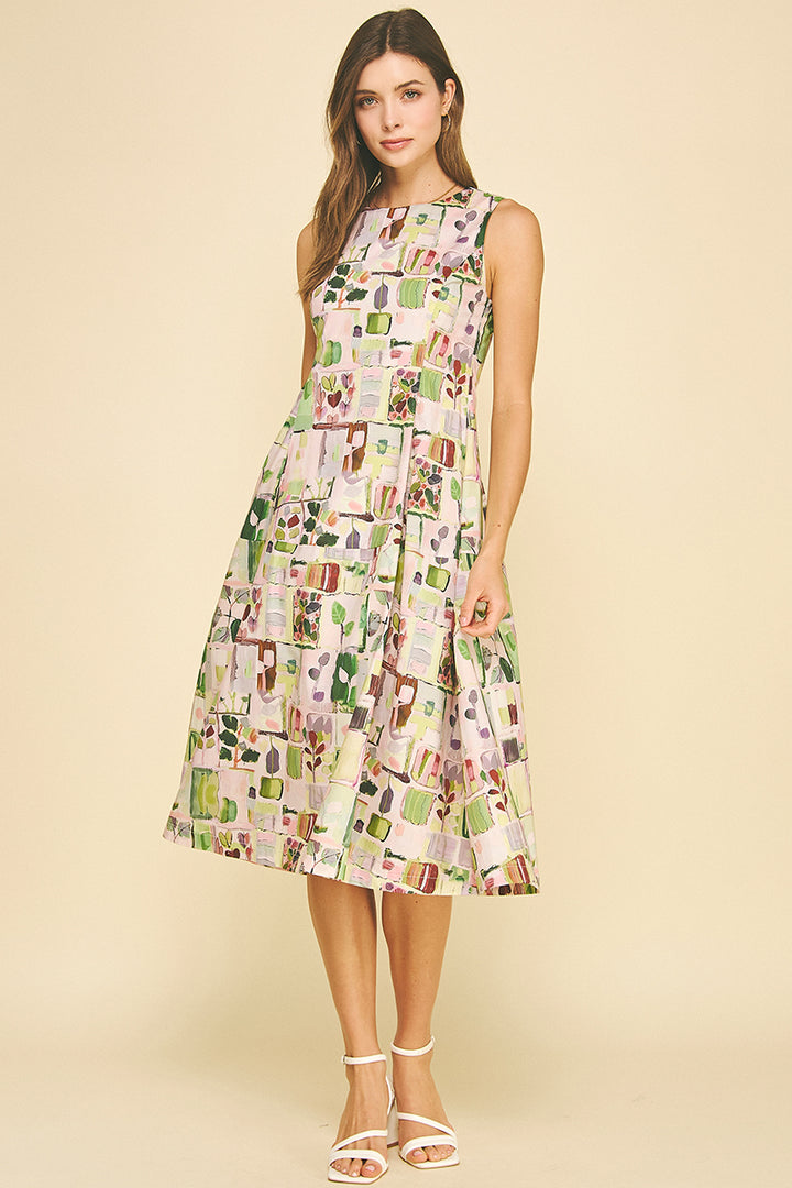 Watercolor Print Sleeveless Midi Dress