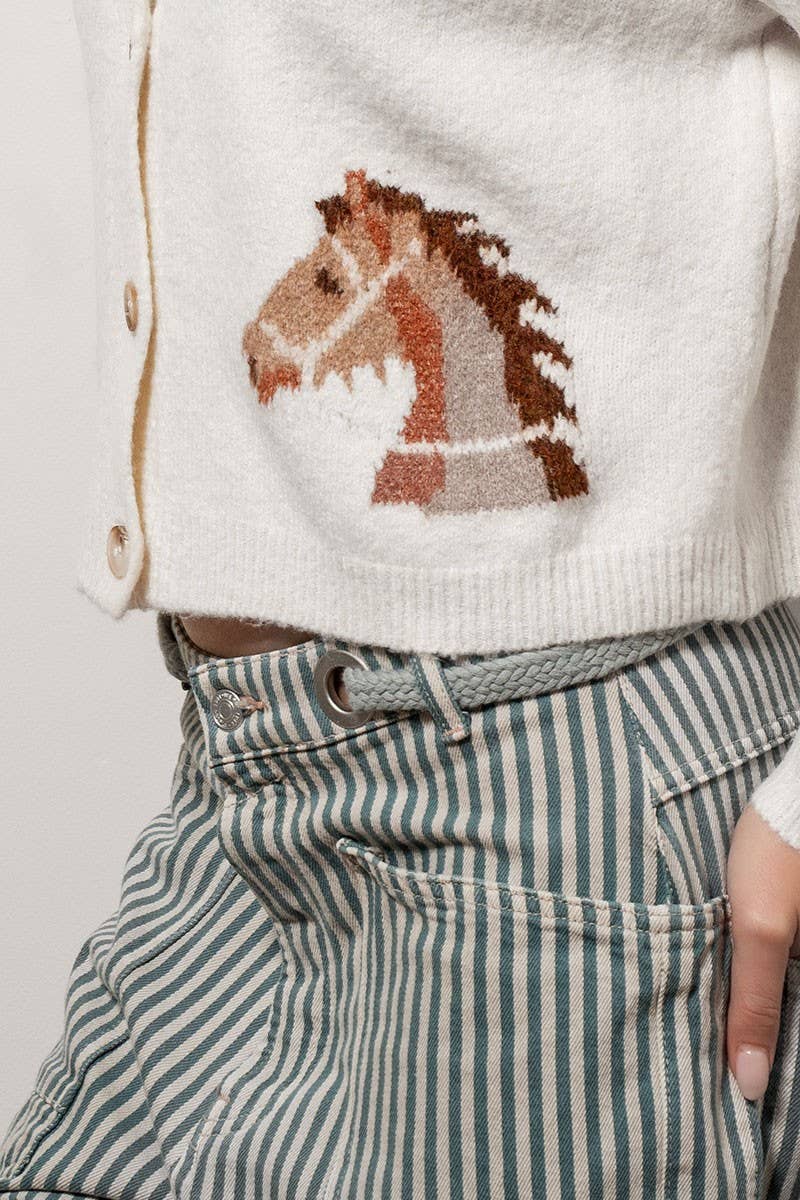 Western Horse Graphic Button Front Cropped Cardigan Sweater