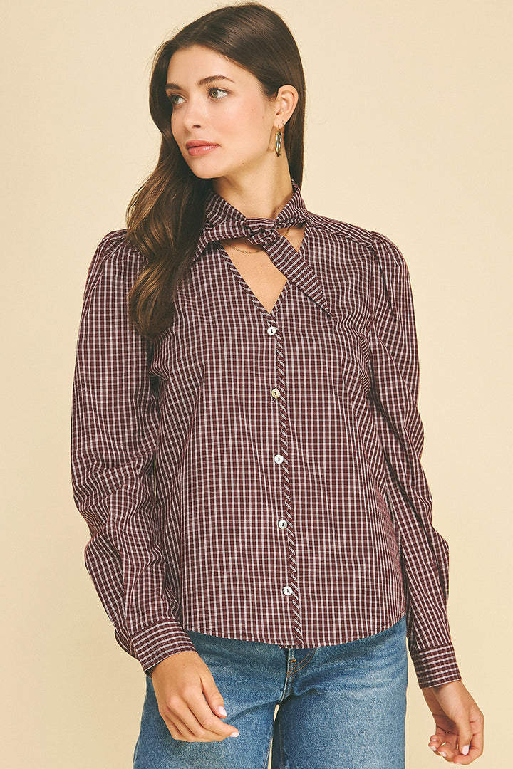 Gingham Check Shirt with Choker-Style Neck Tie