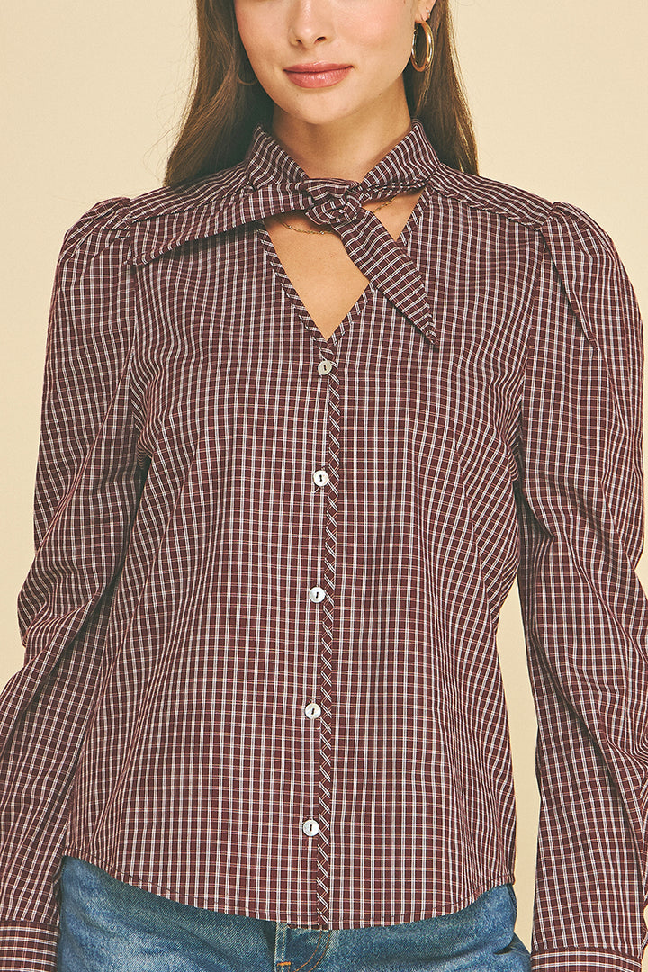 Gingham Check Shirt with Choker-Style Neck Tie