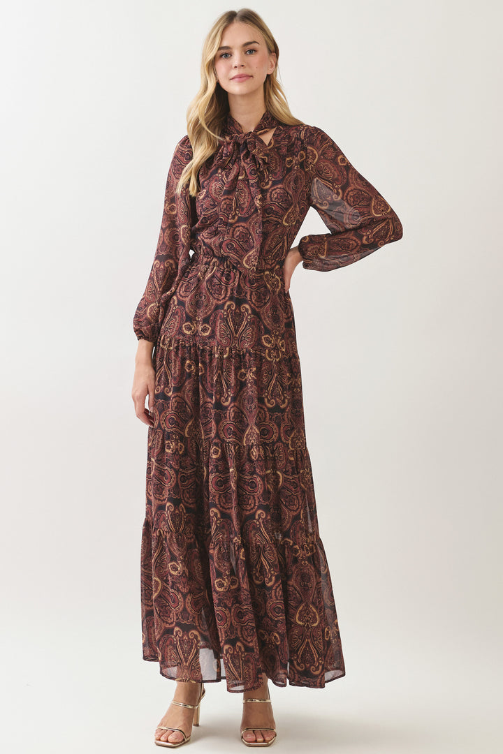 Paisley Print Tie Neck Maxi Dress