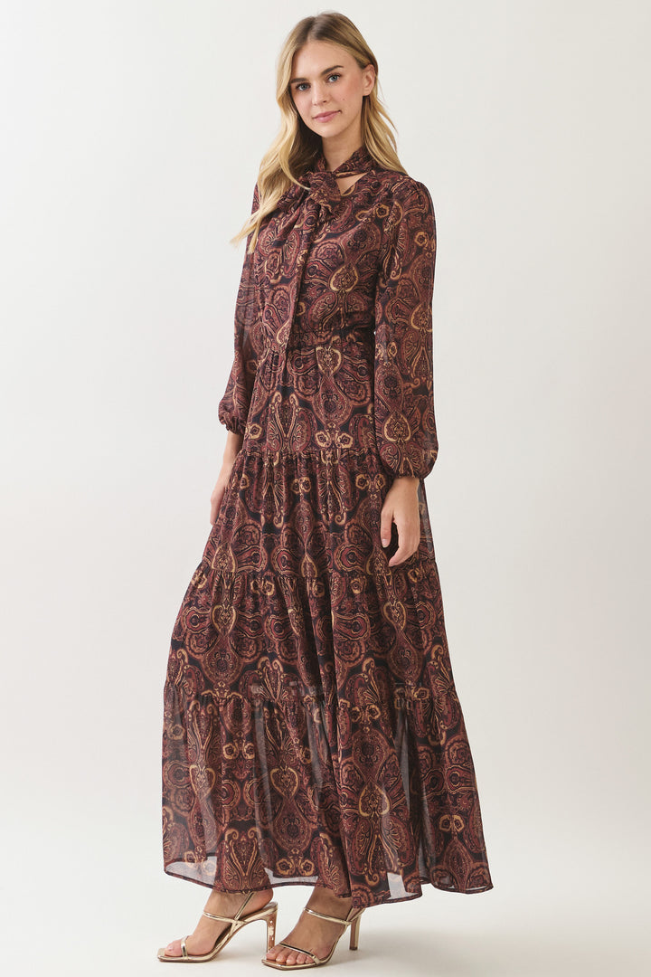 Paisley Print Tie Neck Maxi Dress