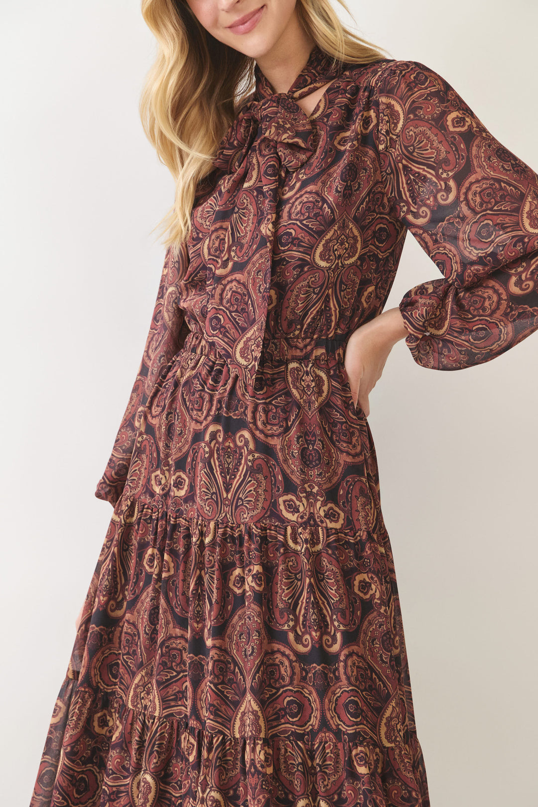 Paisley Print Tie Neck Maxi Dress