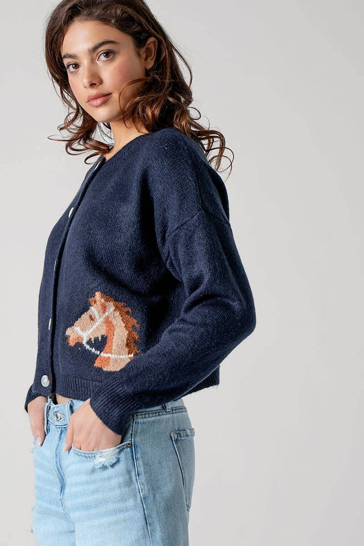 Western Horse Graphic Button Front Cropped Cardigan Sweater