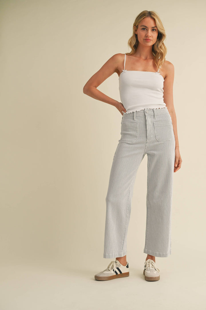 BP433J - STRIPE - Patch Pocket Wide Leg
