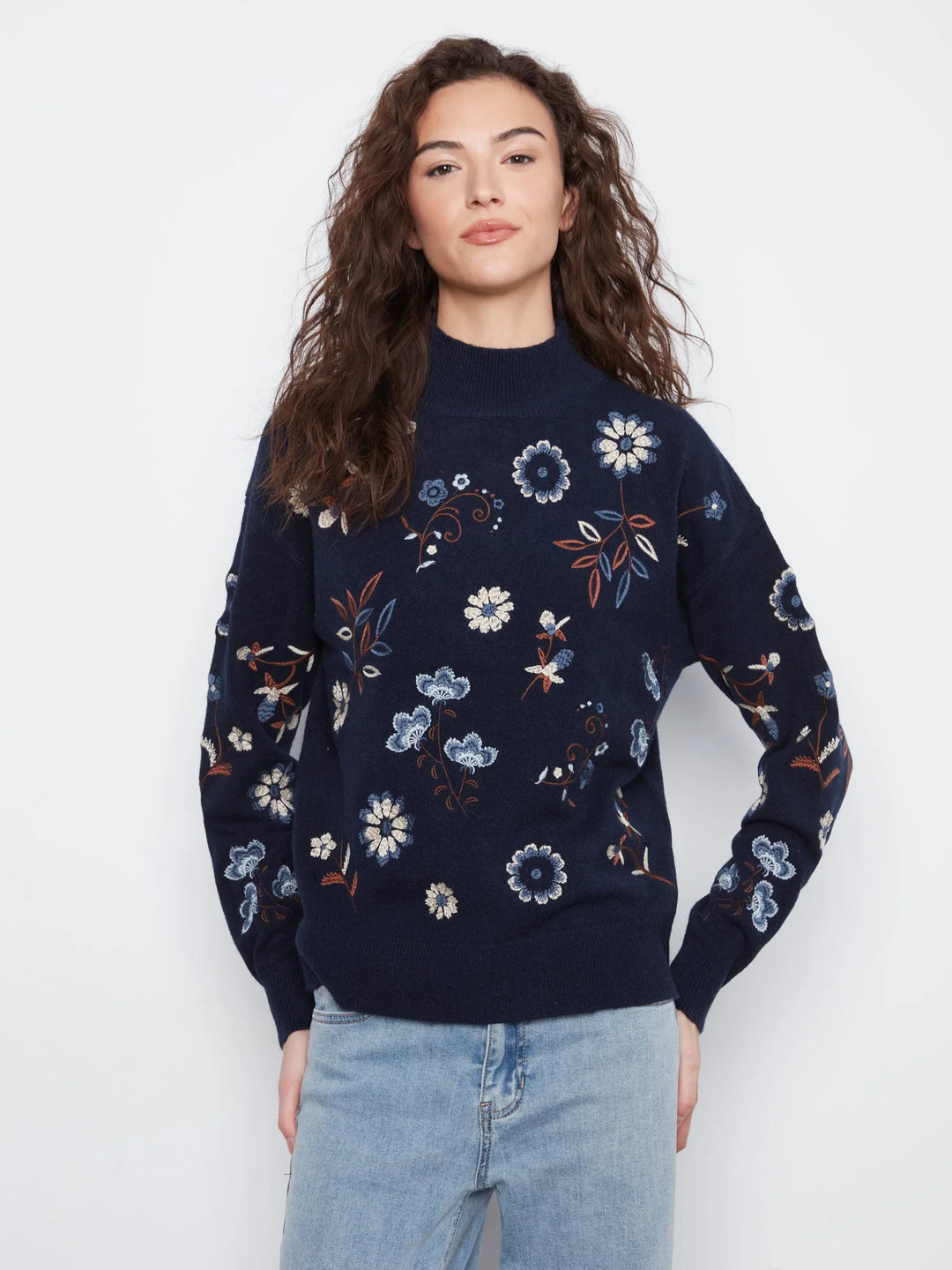 All Over Embroidered Mock Neck Sweater