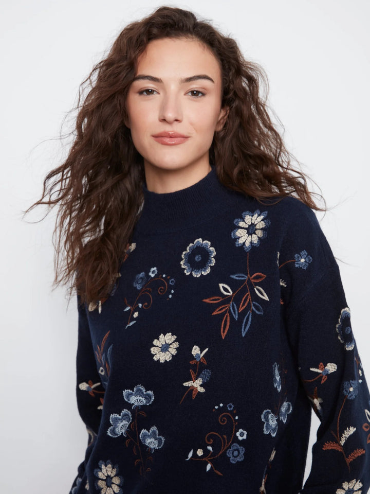 All Over Embroidered Mock Neck Sweater
