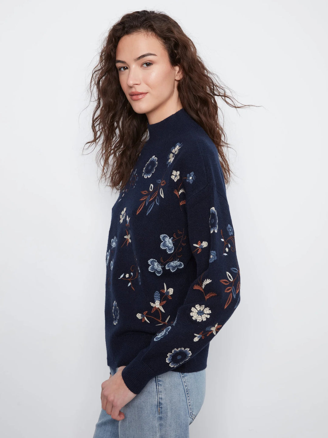 All Over Embroidered Mock Neck Sweater