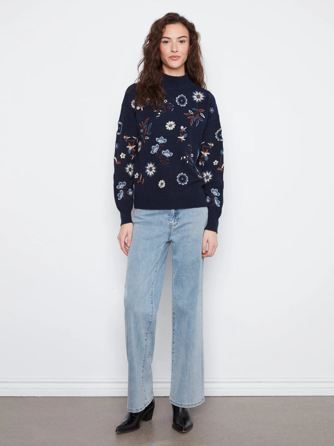 All Over Embroidered Mock Neck Sweater