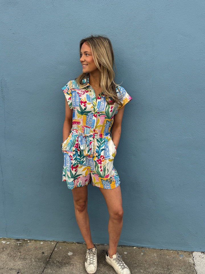 Pink Leaf Romper Button Front