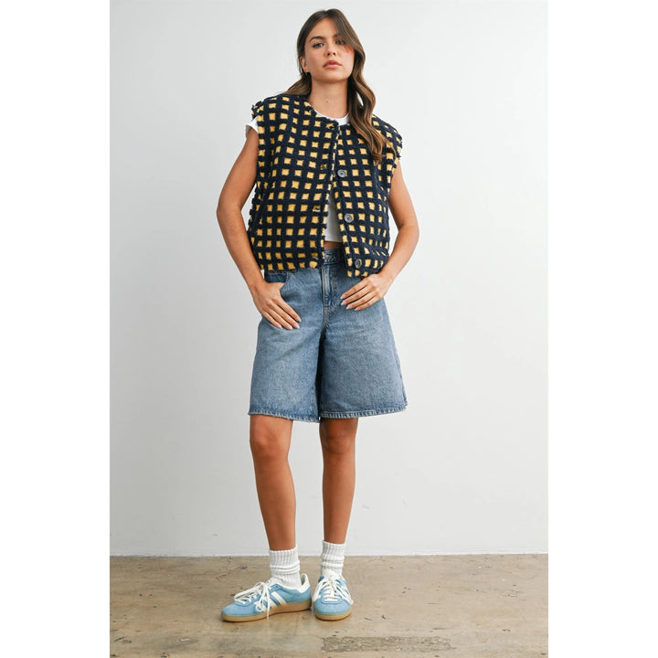 Textured Checkered Button-Up Knit Vest