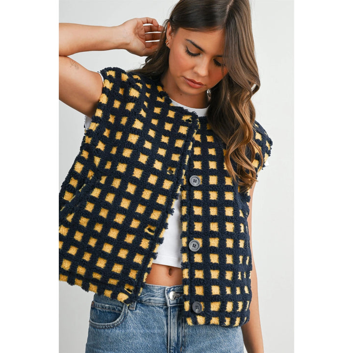 Textured Checkered Button-Up Knit Vest