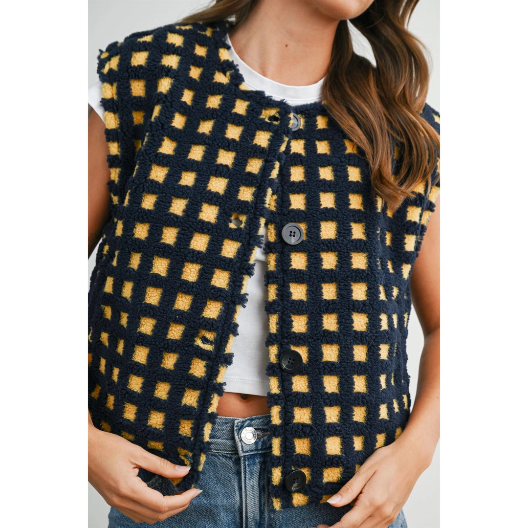 Textured Checkered Button-Up Knit Vest