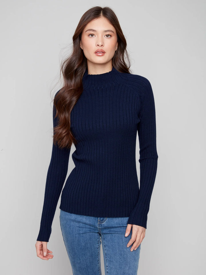 Basic Ribbed Knit Mock Neck Long Sleeve Sweater - Navy