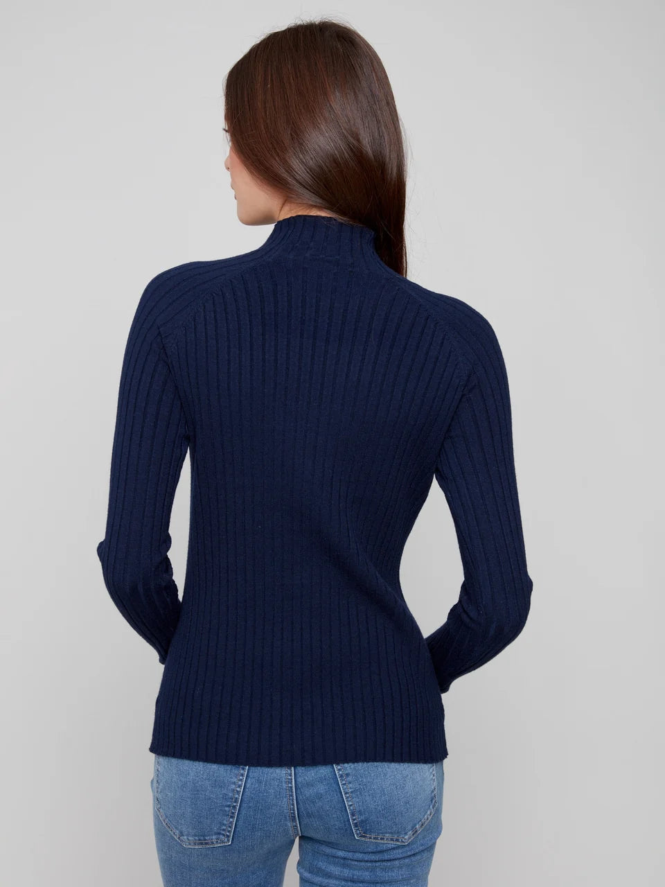Basic Ribbed Knit Mock Neck Long Sleeve Sweater - Navy