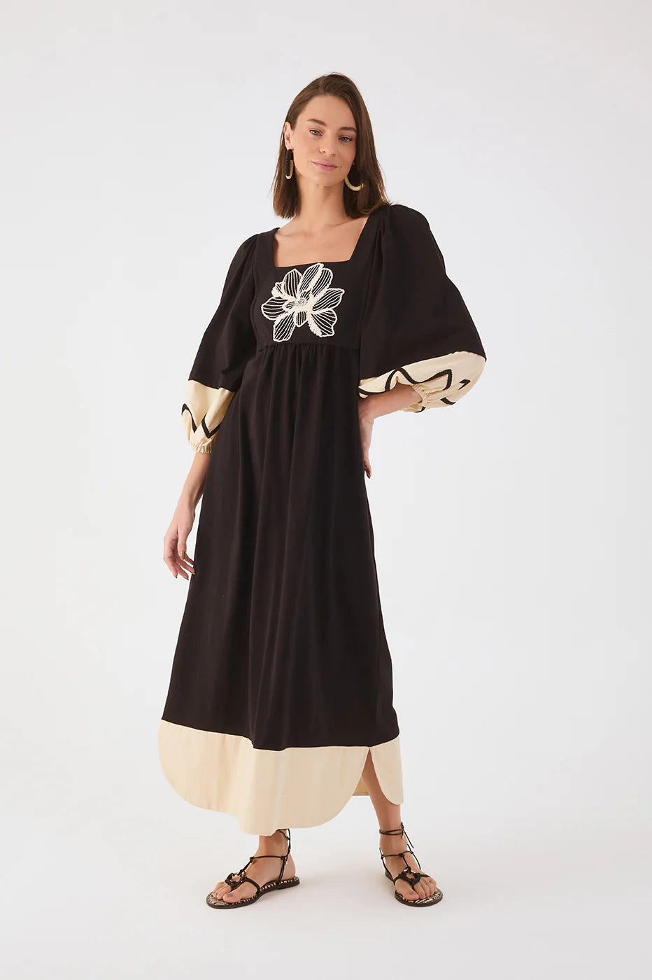 Black Embroidered Flower Square Neck Puff Sleeve Maxi Dress