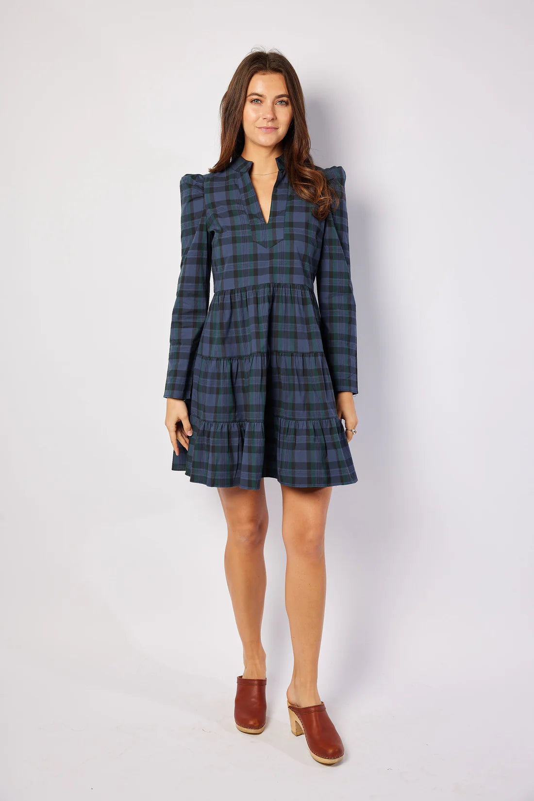 Blackwatch Plaid Long Sleeve Tunic Flare Dress