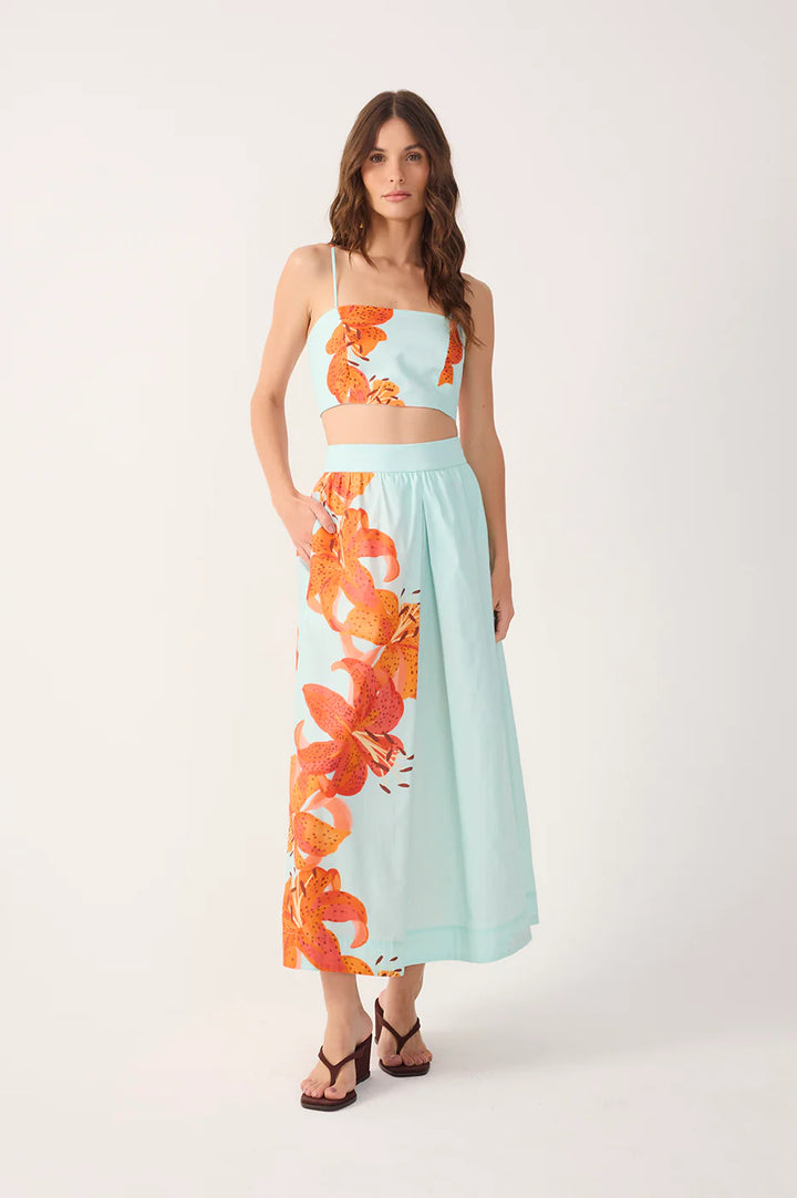 Blue Lily Crop Top And Skirt Tricoline Matching Set