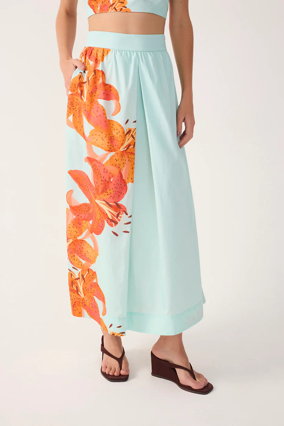Blue Lily Crop Top And Skirt Tricoline Matching Set