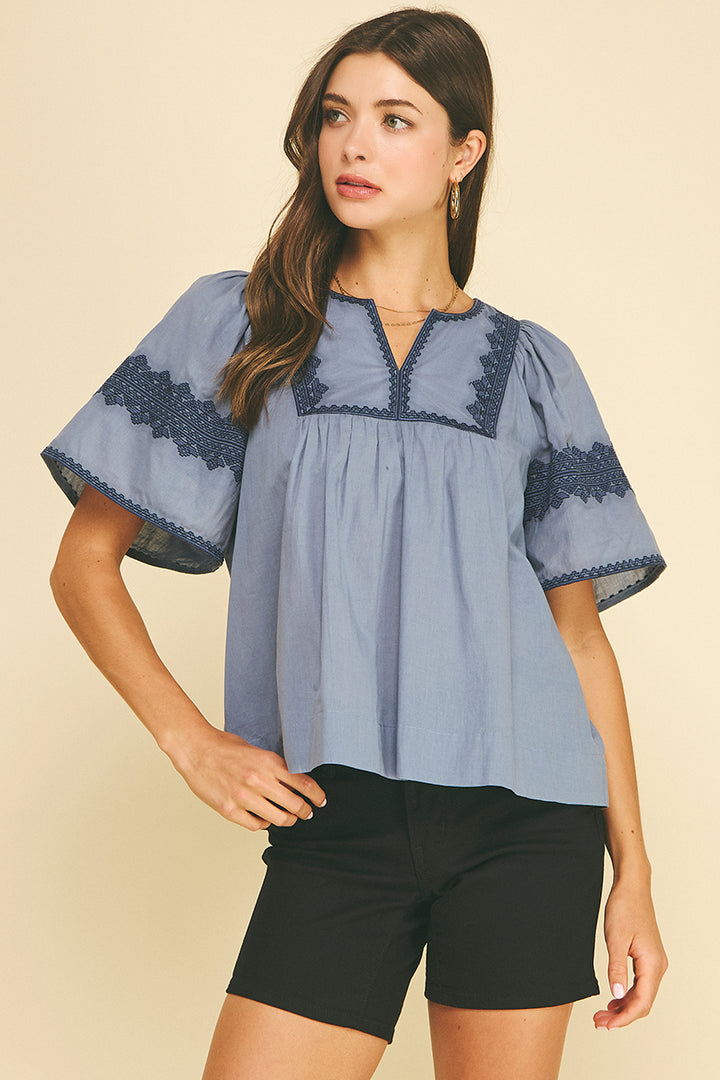 Boho Embroidered Puff Sleeve Blouse