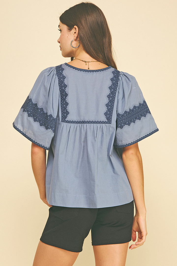 Boho Embroidered Puff Sleeve Blouse