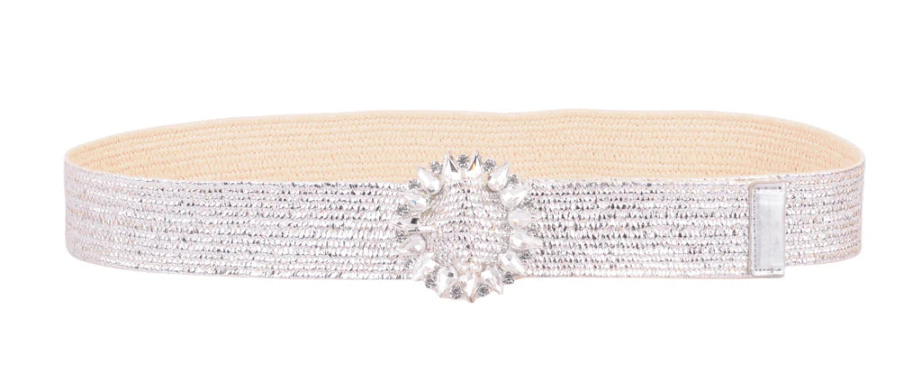 Rhinestone Floral Buckle Silver Stretch Belt