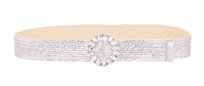 Rhinestone Floral Buckle Silver Stretch Belt