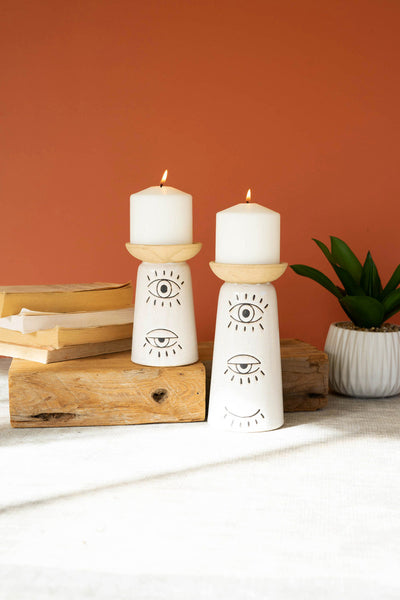 Set of 2 Ceramic Candle Holders with Eyes Detail
