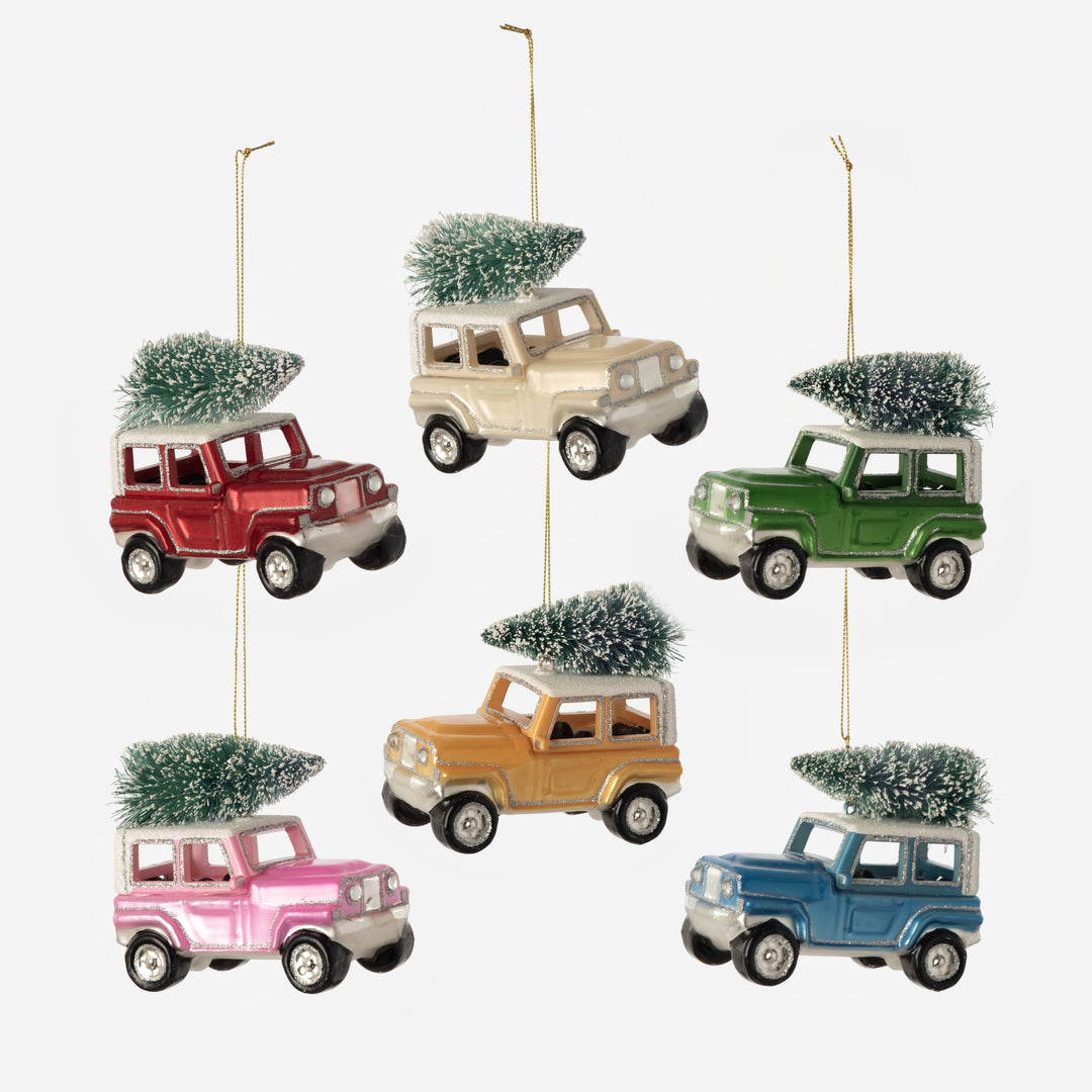 Jeep with Sisal Tree Ornament - 6 Assorted