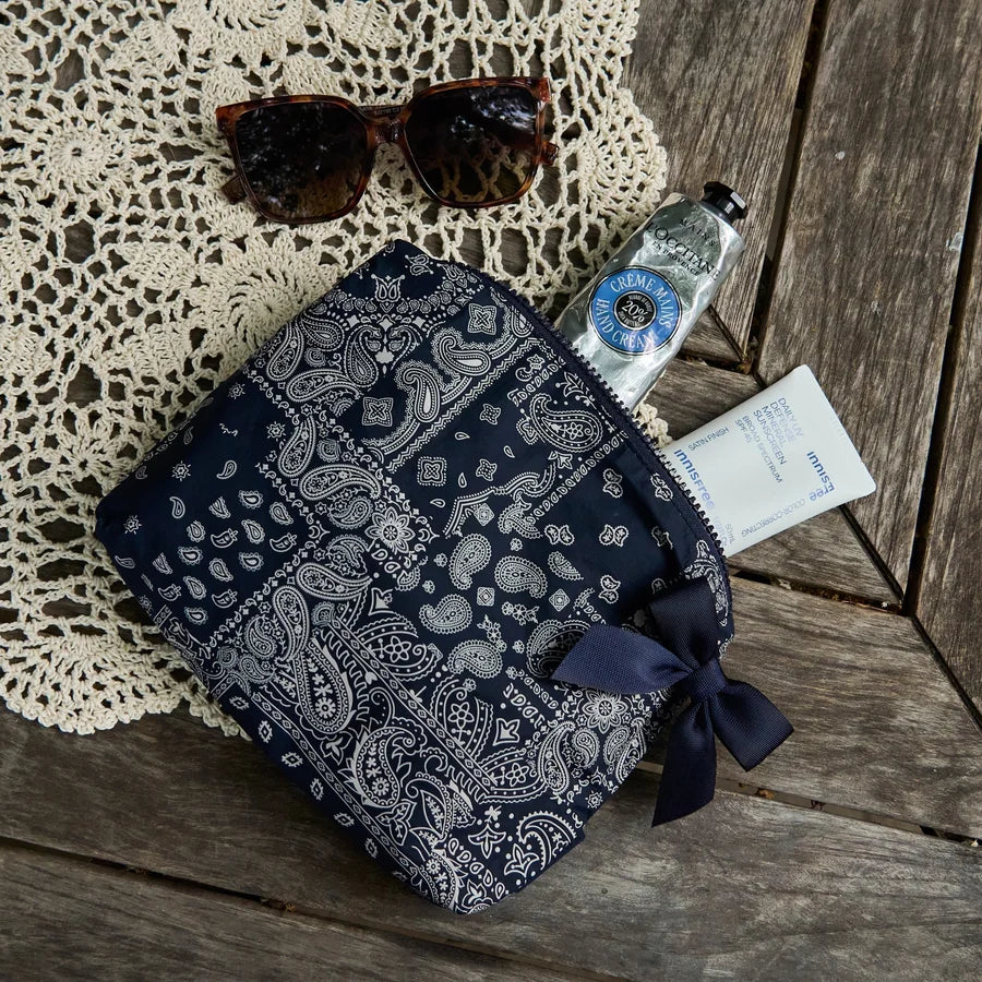 Crinkle Makeup Bag - Navy Bandana Bow