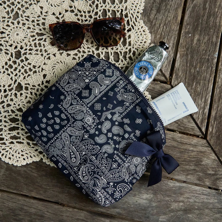 Crinkle Makeup Bag - Navy Bandana Bow