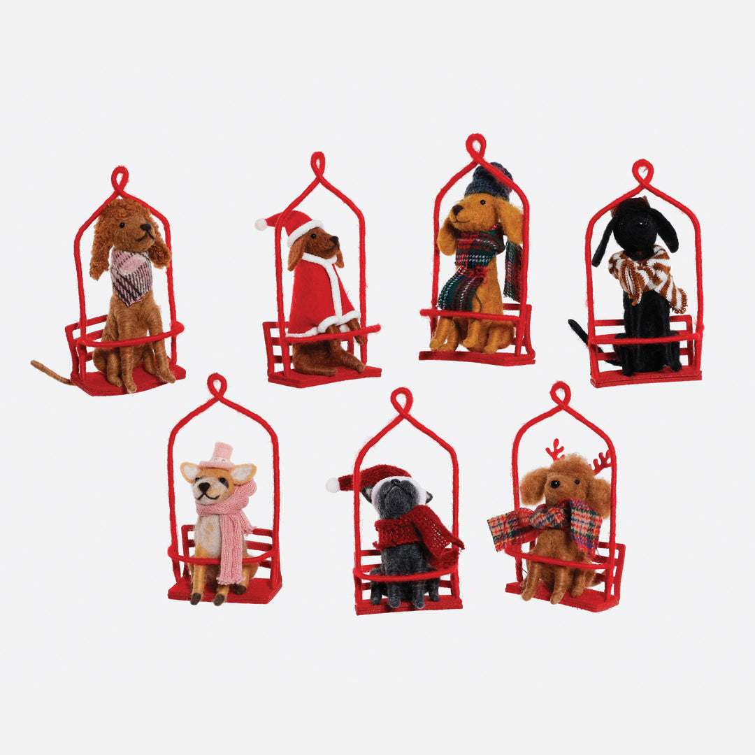 Dog on Ski Lift Wool Ornament - 7 Assorted