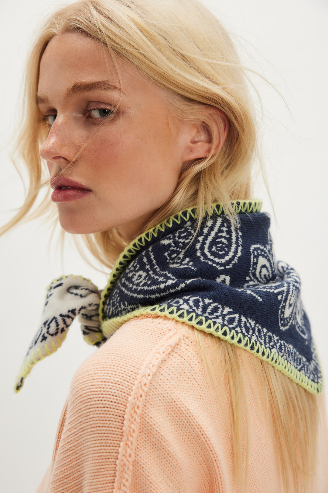 Carmen Knitted Triangle Scarf in Denim Jeans