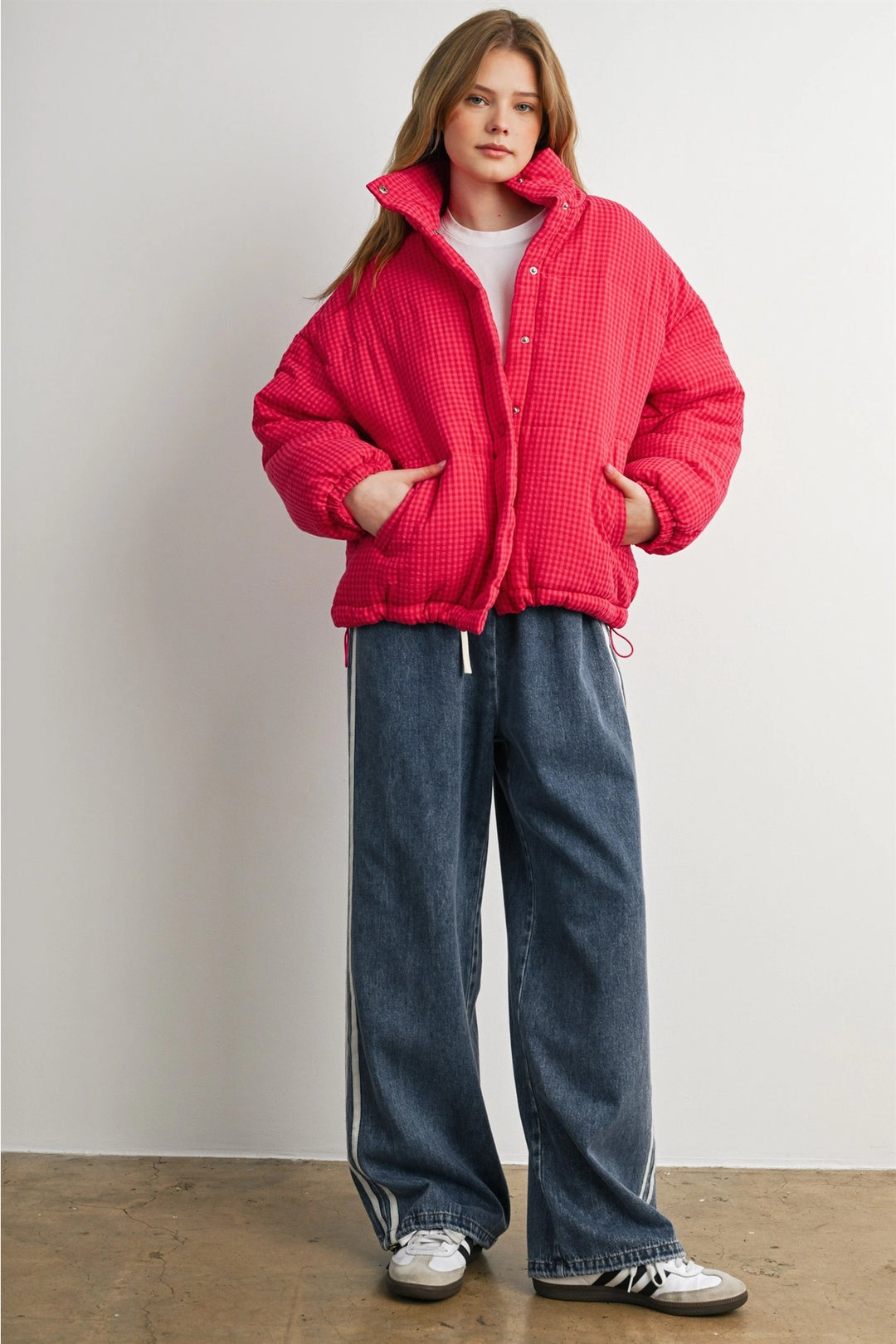 Checkered Stand Collar Puffer Jacket