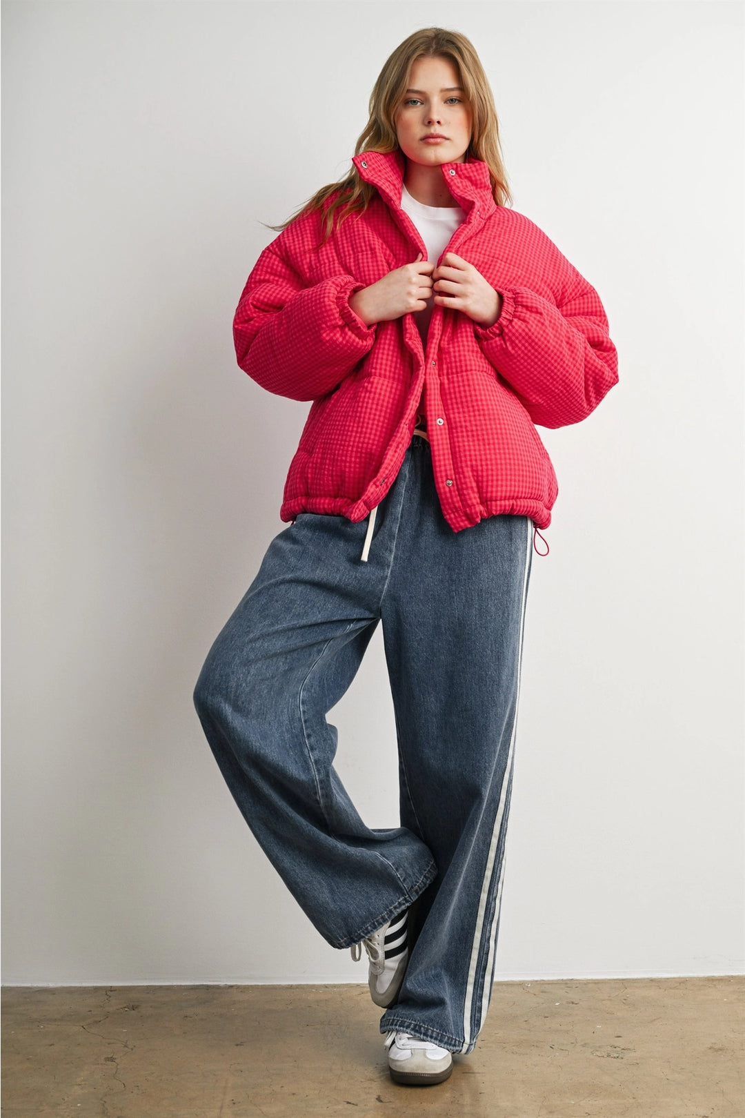 Checkered Stand Collar Puffer Jacket