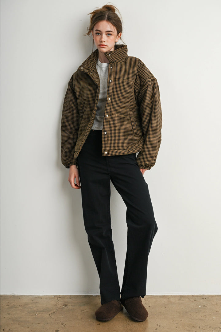 Checkered Stand Collar Puffer Jacket