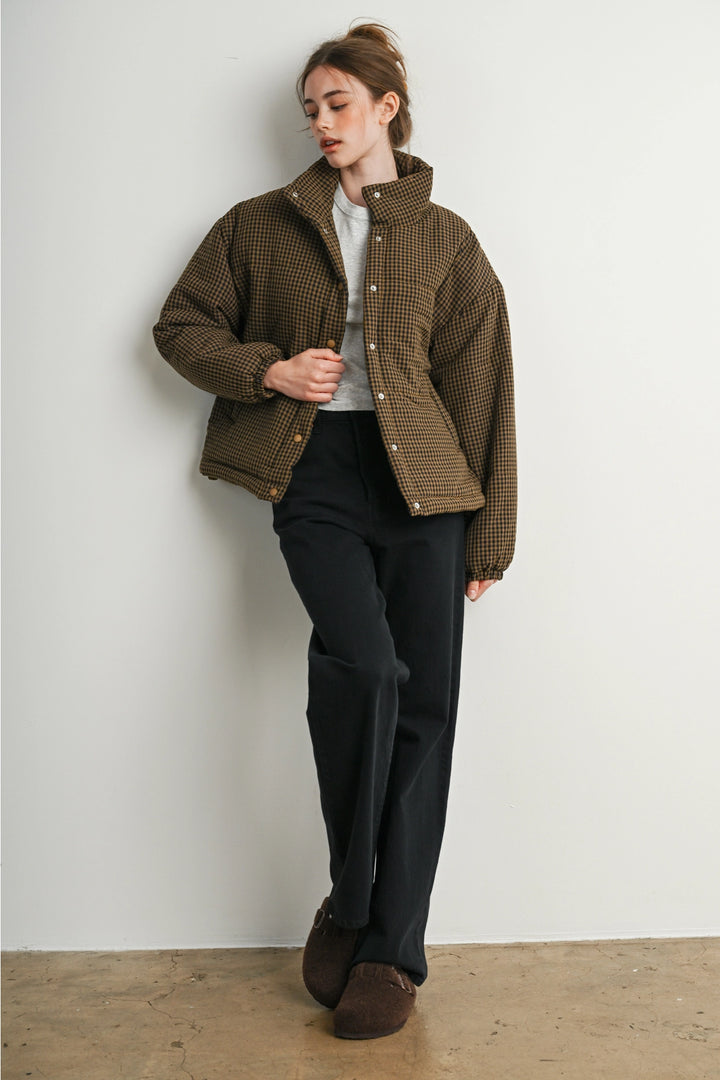 Checkered Stand Collar Puffer Jacket