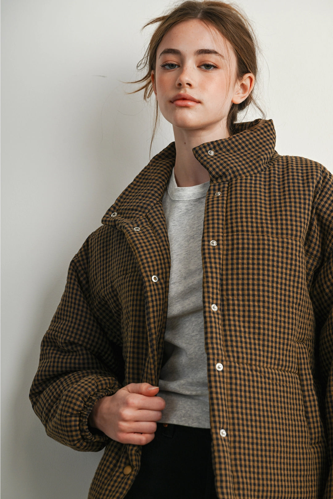 Checkered Stand Collar Puffer Jacket